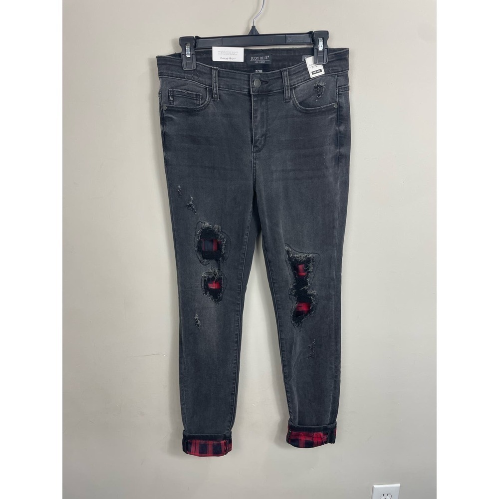 Judy Blue Skinny Jeans 7/28 Mid-Rise Red Plaid Patch #JB82191BK NWT Gray Denim